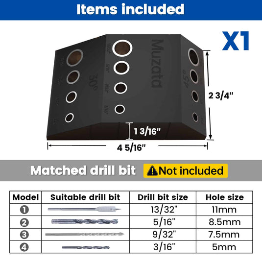 Muzata CT24 drill guide jig dimensions and compatible drill bit sizes.