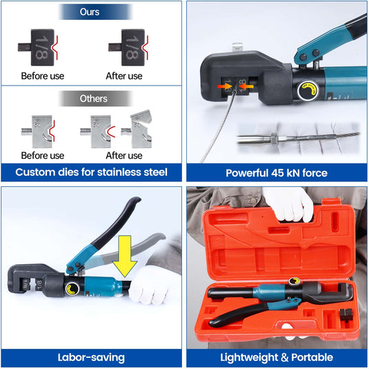 Muzata hydraulic crimping tool features and packaging with 1/8" custom dies