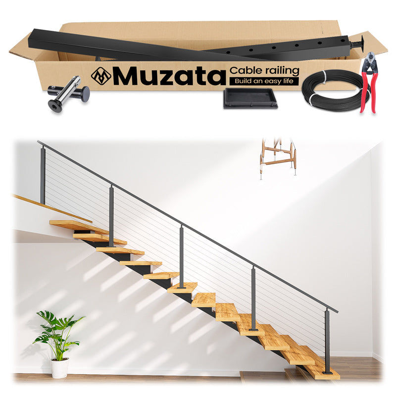 Load image into Gallery viewer, Muzata 36&quot; 6.5ft-19.5ft Black Surface Mount All-in-One Stair Cable Railing System DIY Kit, One Stop Service Complete Set
