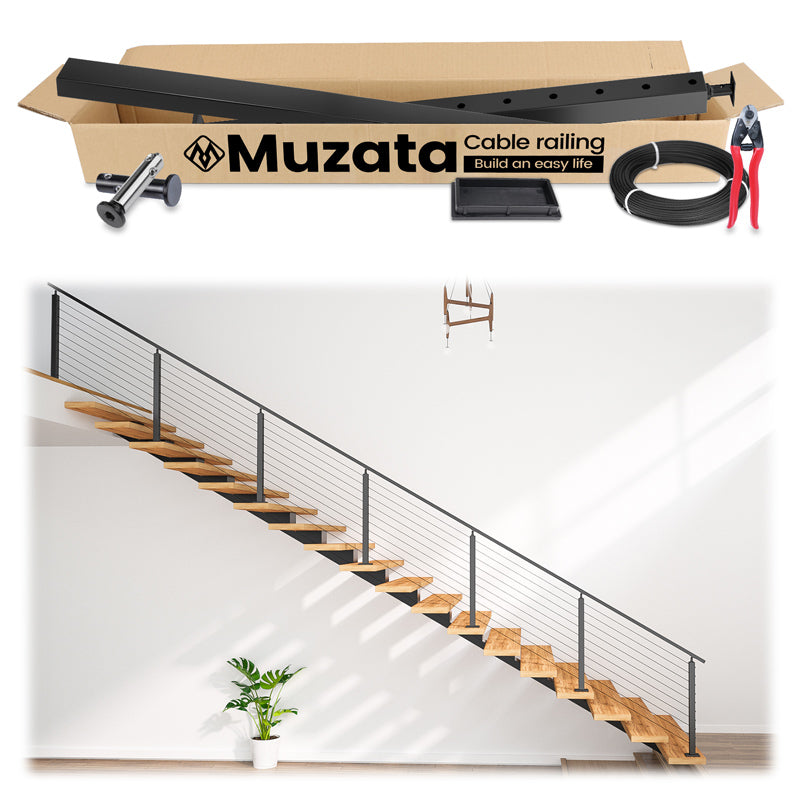 Load image into Gallery viewer, Muzata 36&quot; 6.5ft-19.5ft Black Surface Mount All-in-One Stair Cable Railing System DIY Kit, One Stop Service Complete Set
