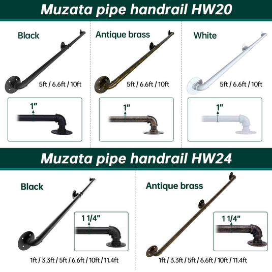 Muzata Pipe Handrail Black Galvanized Steel for Staircase Steps, HW24 BBG - Muzata