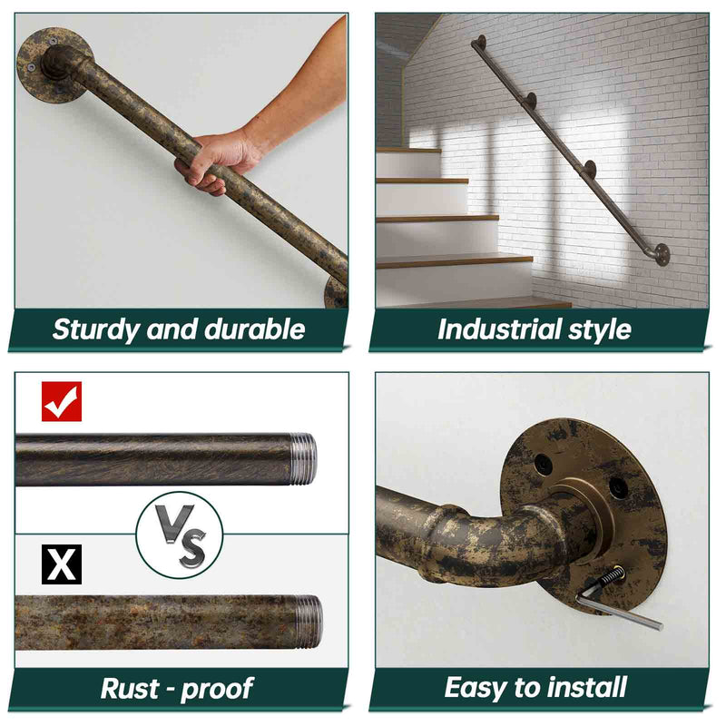 Load image into Gallery viewer, Muzata Pipe Handrail Antique Brass Galvanized Steel for Staircase Steps, HW20 ABG - Muzata

