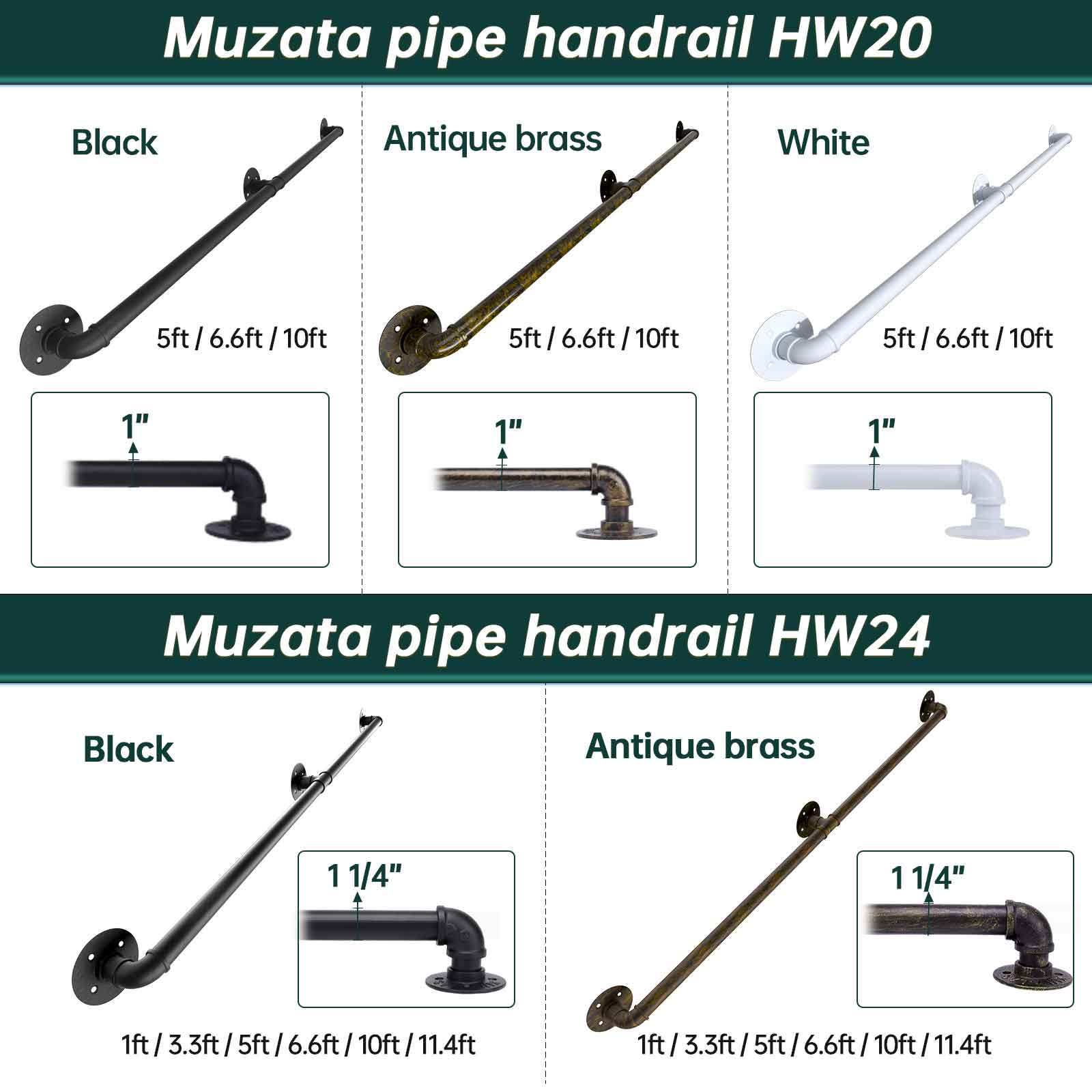 Muzata Pipe Handrail Antique Brass Galvanized Steel for Staircase Steps, HW20 ABG - Muzata
