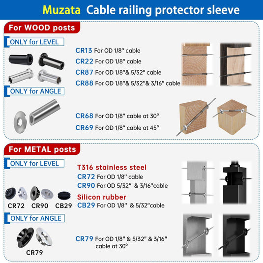 Muzata for 1/8" - 3/16" Wire Rope T316 Protector Sleeve CR90 - Muzata