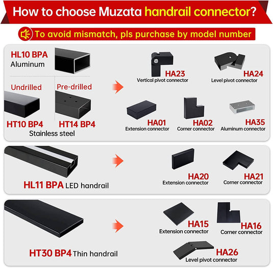 Muzata Flat Handrail Vertical Pivot Connector HA23 BNP - Muzata