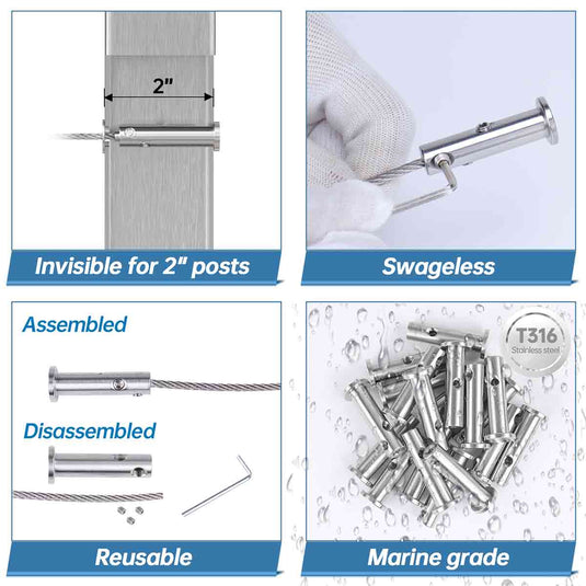 Muzata Invisible Swageless Cable Railing Terminal 1/8" for 2"x2" Metal Post 10Pack CB06 - Muzata