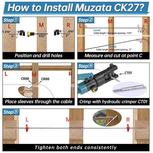 Muzata Lag Screw Left & Right Cable Railing Kit 3/16'' 10Pack CK27 - Muzata