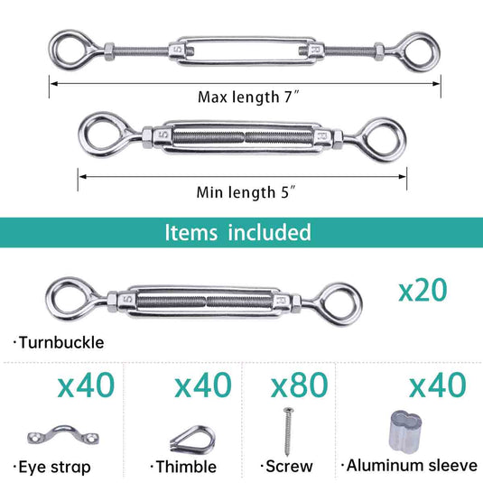 PATIKIL 1/8 Wire Rope Kit, 66ft Stainless Steel Wire Cable with M5  Turnbuckle Hook & Eye for Deck Railing, Picture Hanging, Garden Decorations