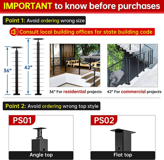Muzata Cable Railing Post L-drilled 36"x2"x2" (Post Body 35") Flat Top Black Stainless Steel, PS02 BC4S - Muzata