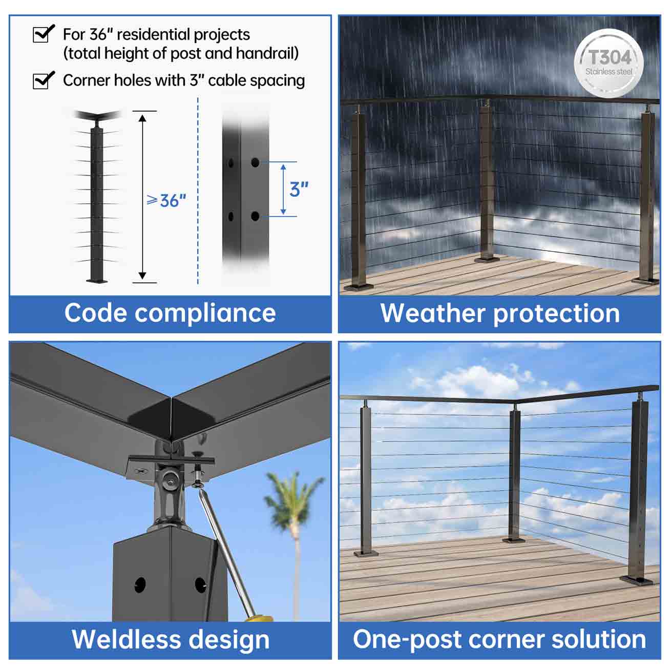 Muzata Black Corner Cable Railing Post 36 Inch 36"x2"x2" T-drilled