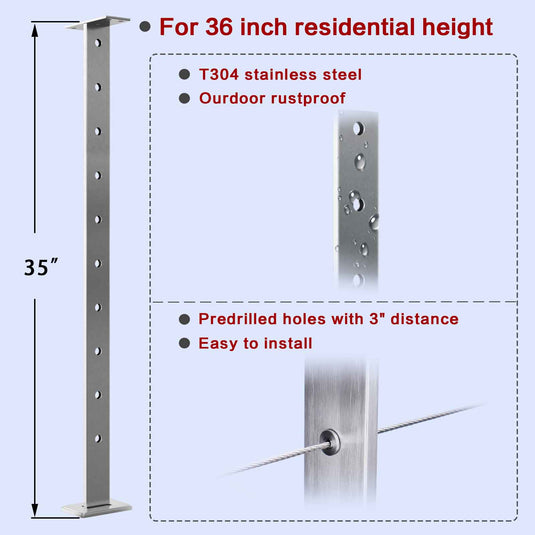 Muzata Pre-drilled Brushed T304 Stainless Steel Blade Post 36"x3/8"x2" PS32 LH4S 1 Pack-Substore - Muzata