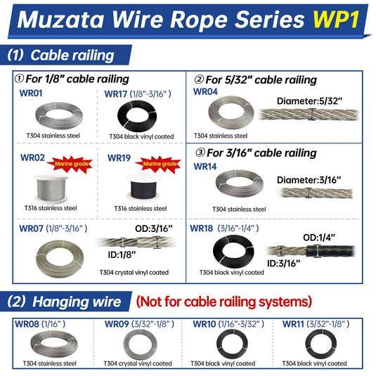 Muzata 3/32'' Thru 1/8'' Crystal Vinyl Coated Wire Rope WR09 - Muzata