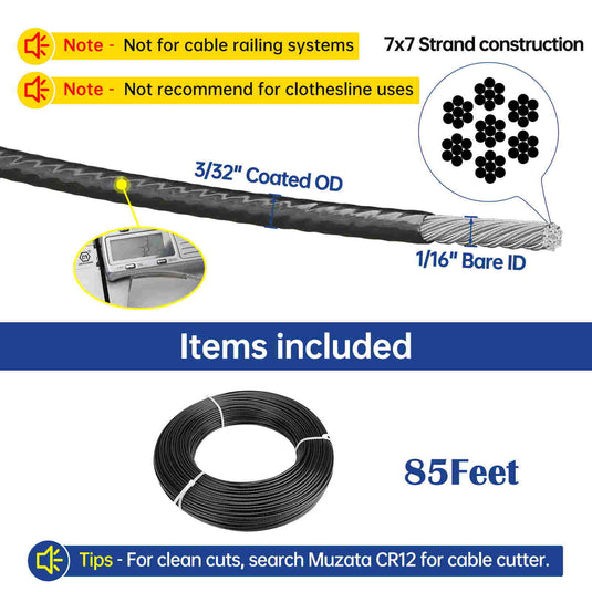  98 Ft Stainless Steel Wire Rope 1/13 Metal Cable with Ring  Sleeve 7x7 Strand Core Wire Rope Kit for Cable Railing, Balcony Railing,  Stair Railing, Outdoor Garden, Farm Fence, Deck