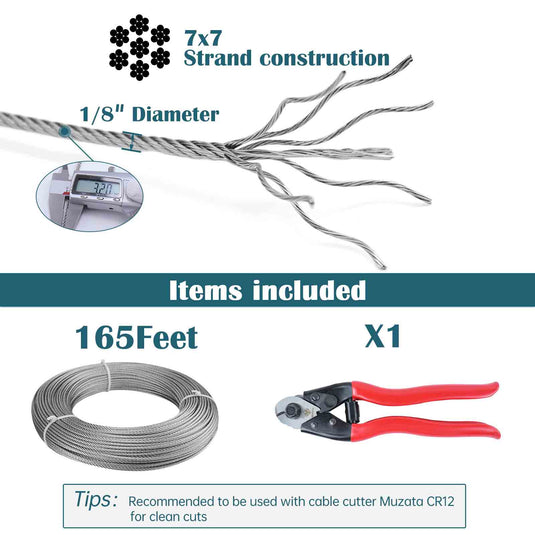 Muzata 1/8" 165ft Stainless Steel Cable 7x7 Strand with 1pc Cable Cutter WR01 - Muzata