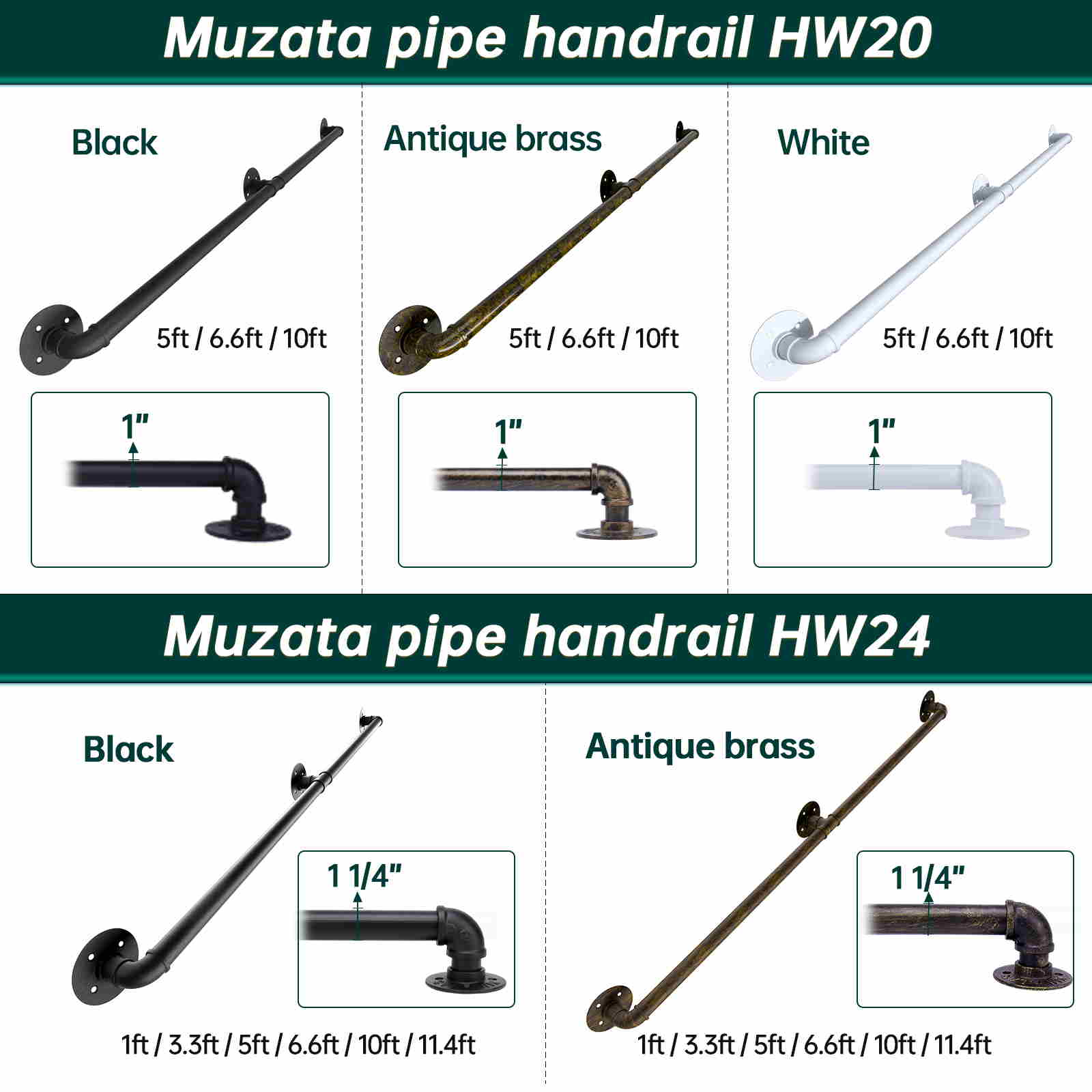 Muzata Pipe Handrail Antique Brass Galvanized Steel HW24 ABG - Muzata
