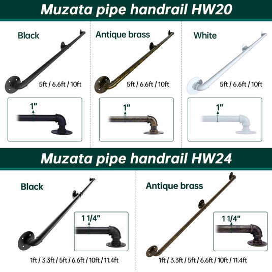 Muzata Black Galvanized Steel Pipe Handrail HW20 BBG - Muzata