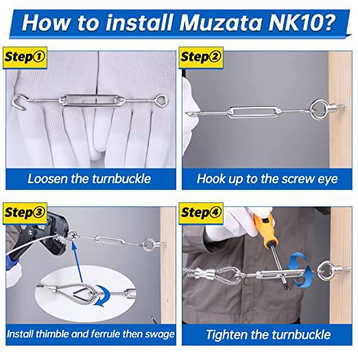 Muzata 4Set Cable Railing Kit M6 Hook & Eye Turnbuckle Wire Rope Tension M3 Cable Clip Clamp M3 Aluminum Crimping Loop M3 Stainless Steel Thimble NK10