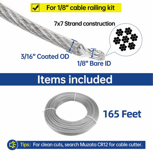 Muzata 165ft 1/8" Thru 3/16" Crystal Vinyl Coated Wire Rope for 1/8" Cable Railing System WR07 - Muzata