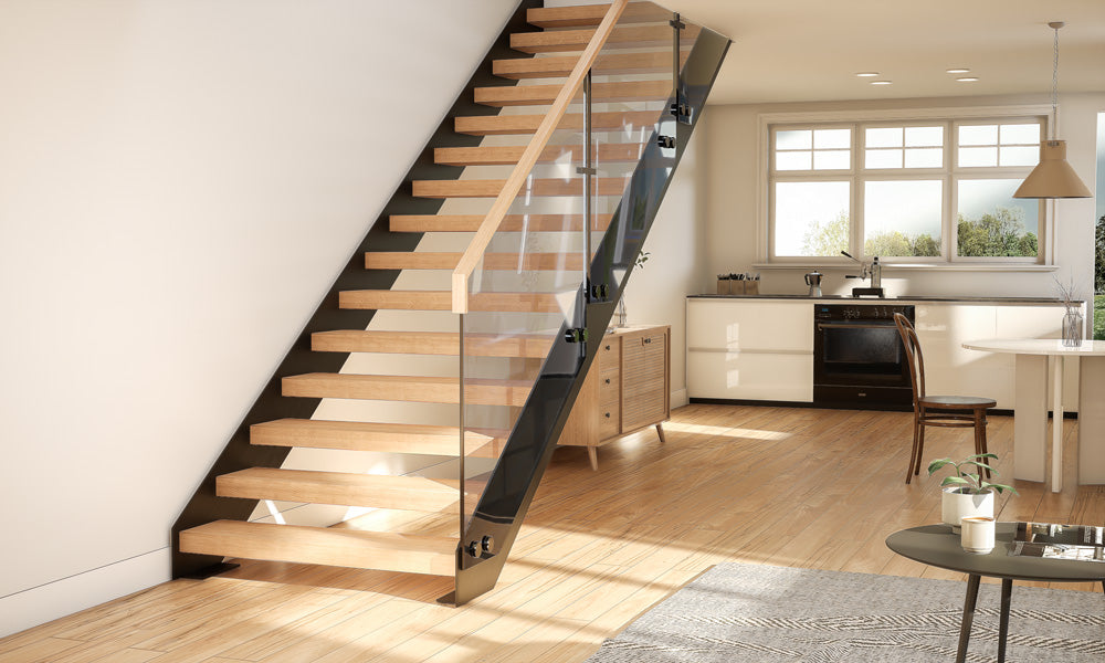 Dual Railing Custom Dual Stringer Floating Stairs with Glass Railing | Muzata