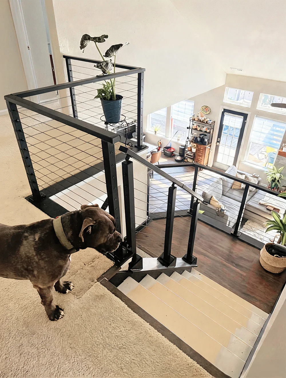Upper-level landing with minimalist cable railing overlooking the foyer