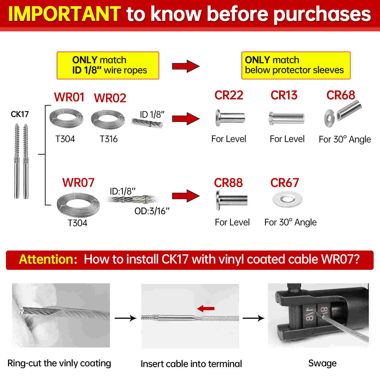 Muzata Lag Screw Left & Right Cable Railing Kit 1/8