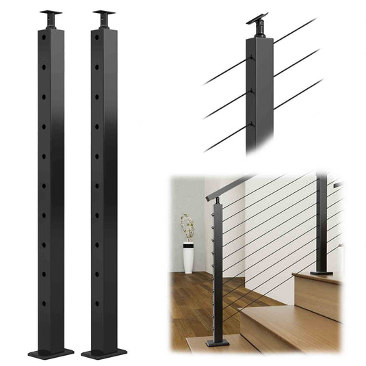 Muzata Cable Railing Post 30°-drilled 36"x2"x2" (Post Body 33'') Angle Top Black Stainless Steel Top Mount, PS01 BA4S
