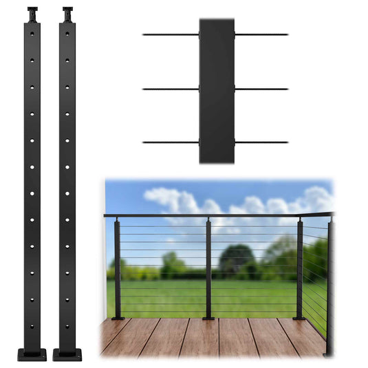 Muzata Cable Railing Post Level-drilled 42"x2"x2" (Post Body 39'') Angle Top Black Stainless Steel, PS01 BH4L