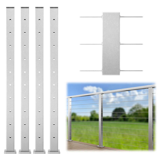 Muzata Cable Railing Post Level-drilled 36"x2"x2" (Post Body 35") Flat Top Brushed Stainless Steel, PS02 LH4S