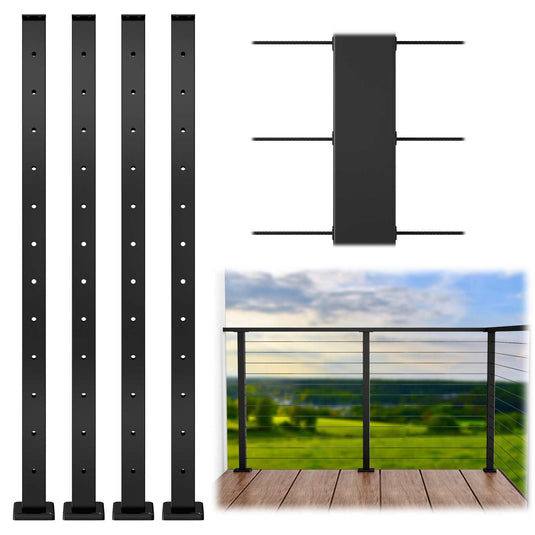 Muzata Cable Railing Post Level-drilled 42"x2"x2" (Post Body 41") Flat Top Black Stainless Steel, PS02 BH4L