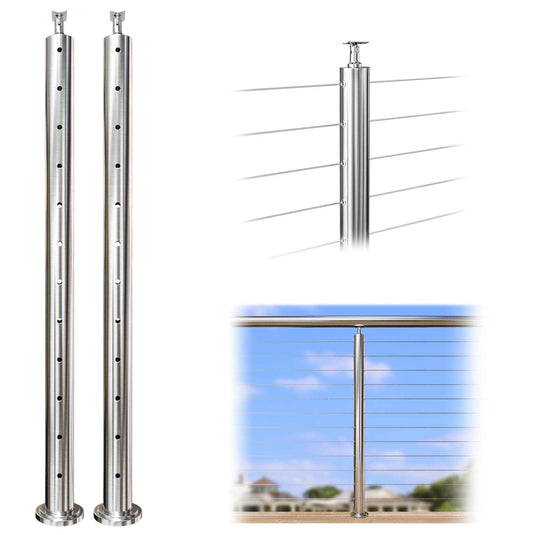 Muzata Round Post Level-drilled 42"x φ2.36" (Post Body 39'') Angle Top Brushed Stainless Steel, PS21 LH4L